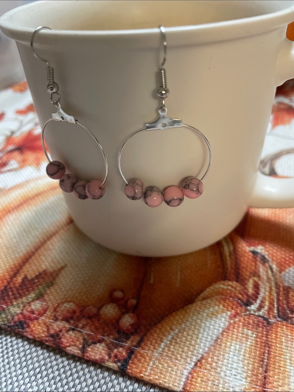 Pink Rhodonite Beaded Hoop Earrings - Picture 2 of 4